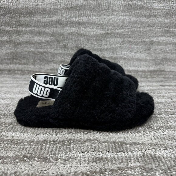 UGG Australia Slippers Youth Girls Size 4 Fluff Slide 1098494K Black Open Toe